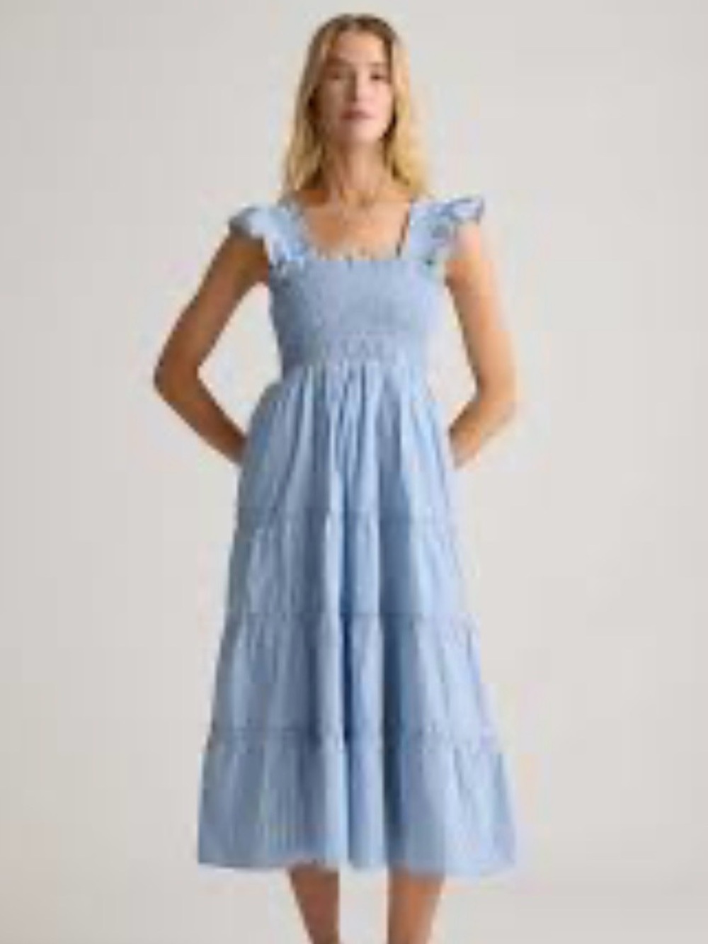 NWT Quince 100% cotton poplin smocked blue tribeca stripe midi dress l large new